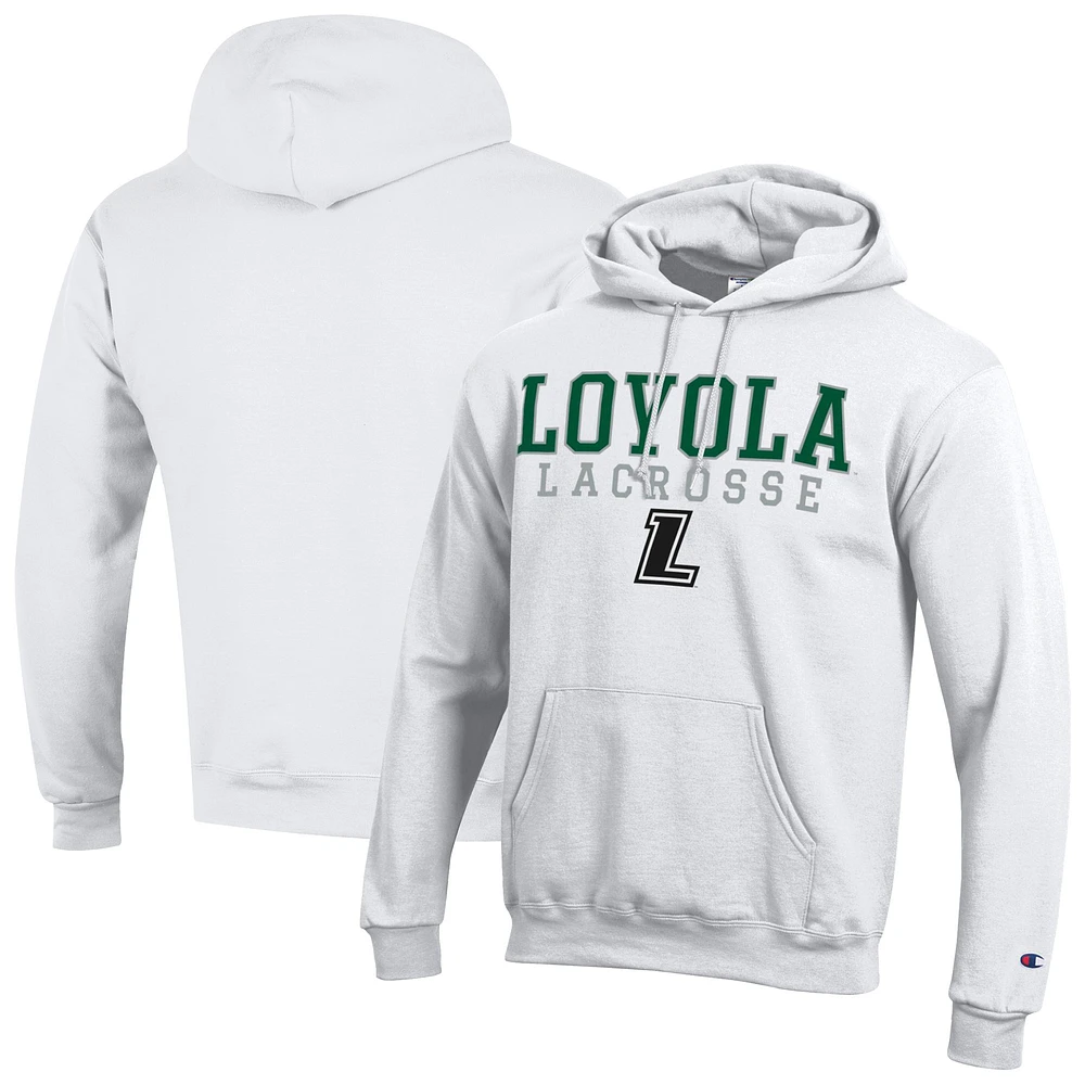 Men's Champion White Loyola Greyhounds Lacrosse Stack Powerblend Pullover Hoodie