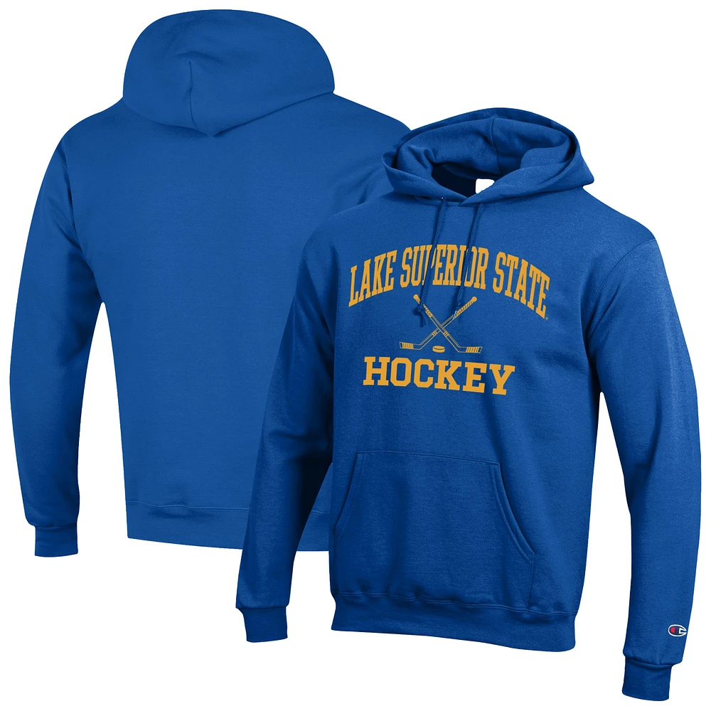 Men's Champion Blue Lake Superior State Lakers Hockey Icon Powerblend Pullover Hoodie