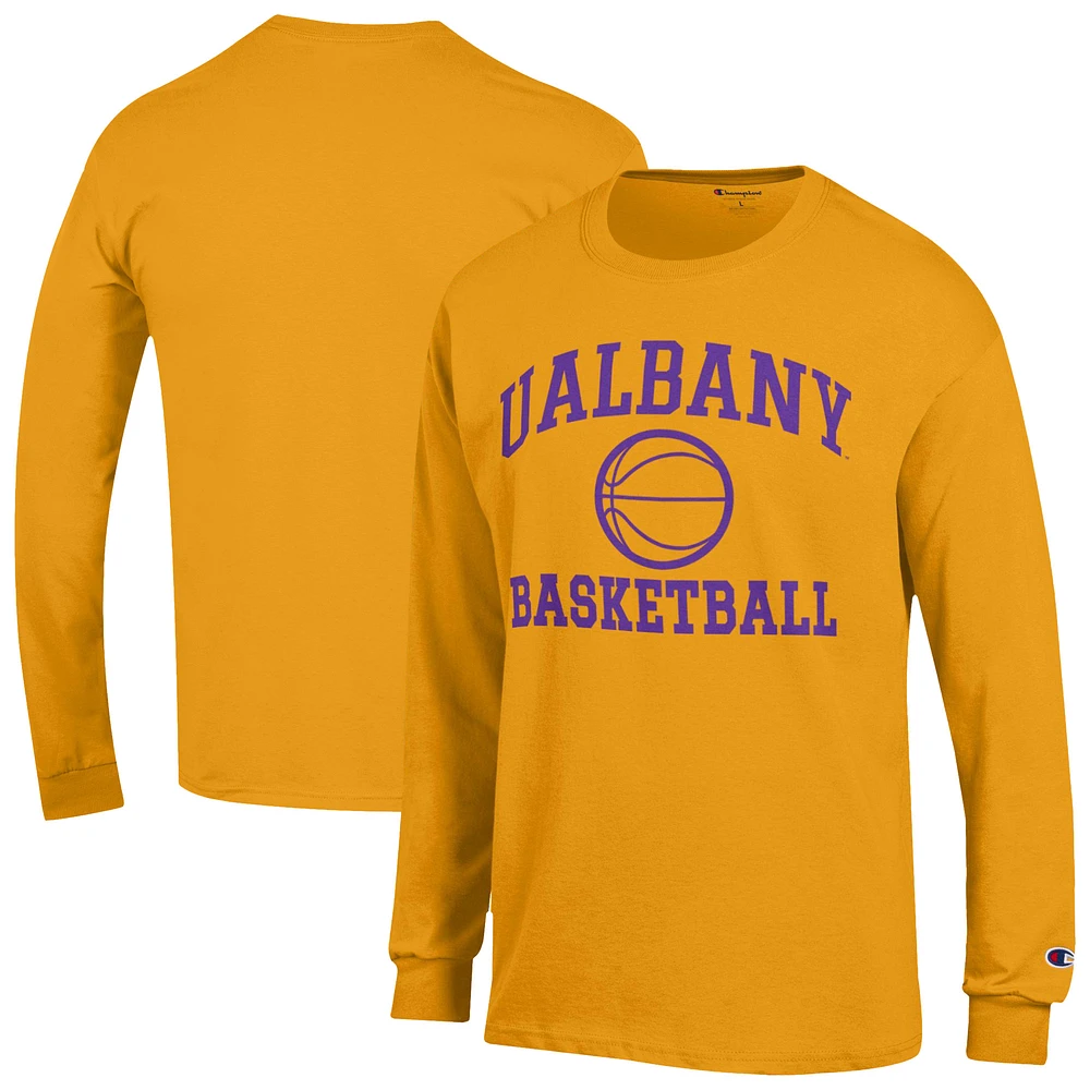 Men's Champion Gold UAlbany Great Danes Basketball Icon Long Sleeve T-Shirt