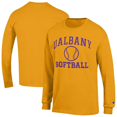 Men's Champion Gold UAlbany Great Danes Softball Icon Long Sleeve T-Shirt