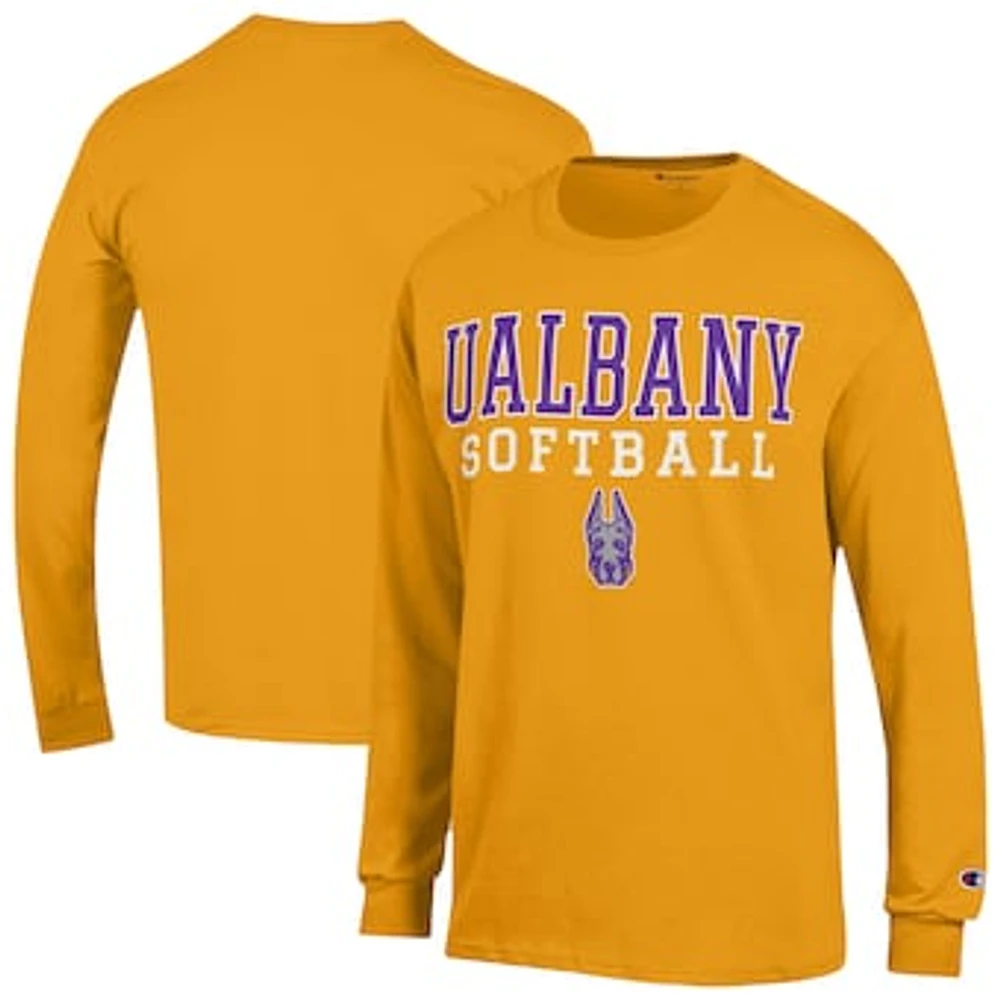 Men's Champion Gold UAlbany Great Danes Softball Stacked Long Sleeve T-Shirt