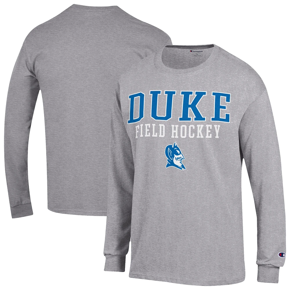 Men's Champion Gray Duke Blue Devils Field Hockey Stacked Long Sleeve T-Shirt