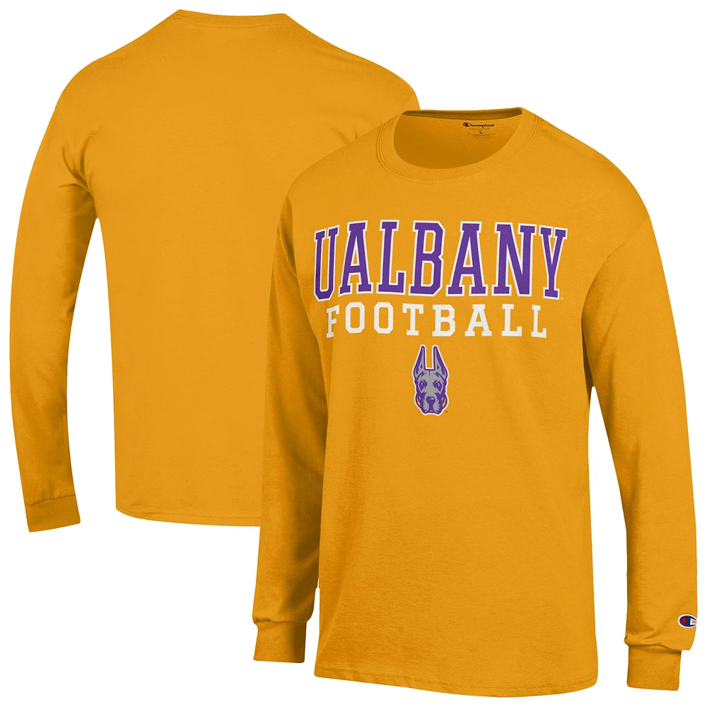 Men's Champion Gold UAlbany Great Danes Football Stacked Long Sleeve T-Shirt