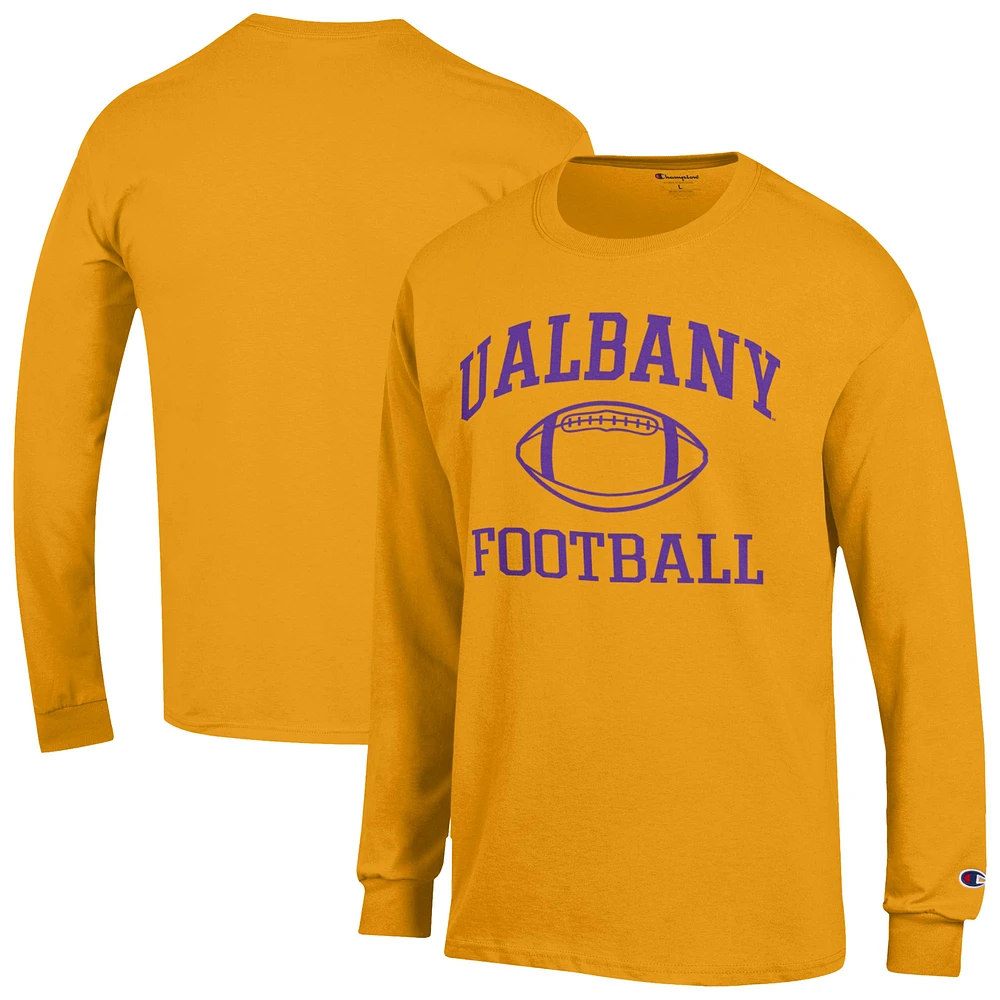 Men's Champion Gold UAlbany Great Danes Football Icon Long Sleeve T-Shirt