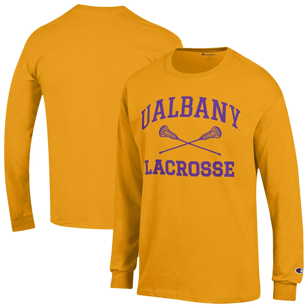 Men's Champion Yellow UAlbany Great Danes Icon Lacrosse Long Sleeve T-Shirt