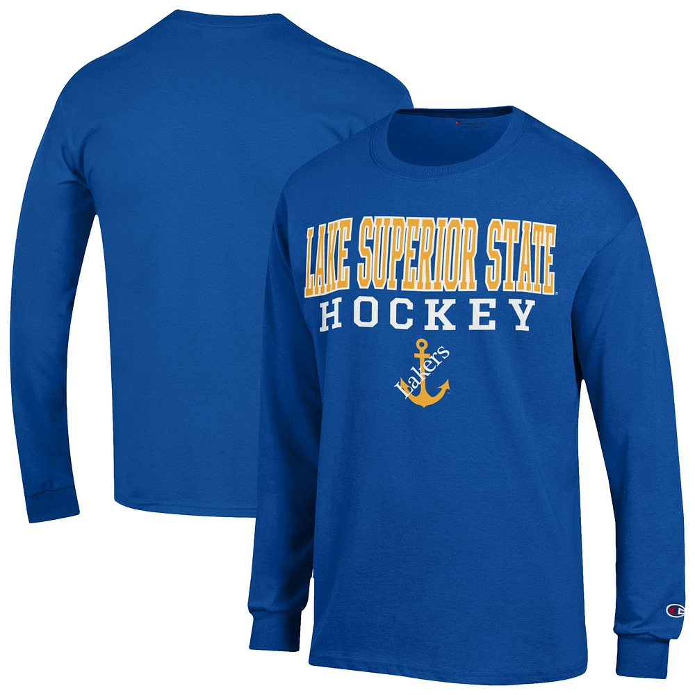 Men's Champion Blue Lake Superior State Lakers Stack Hockey Long Sleeve T-Shirt