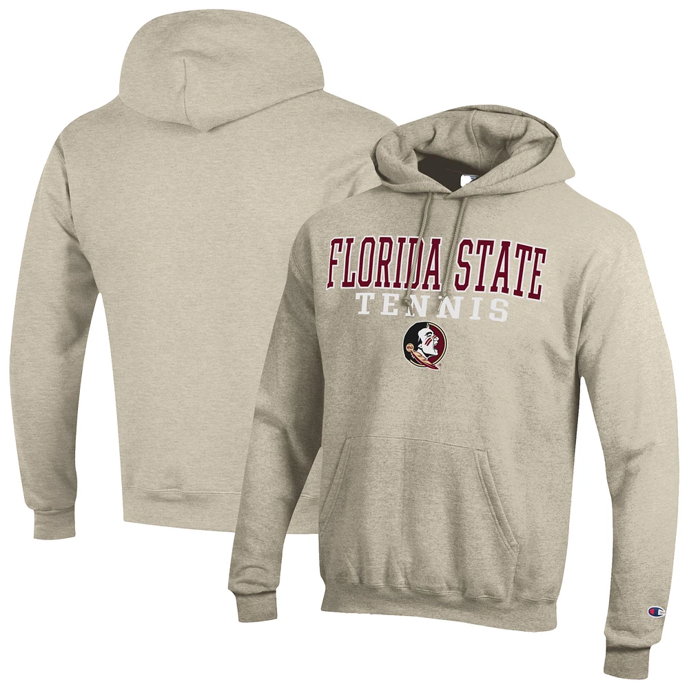 Men's Champion Oatmeal Florida State Seminoles Tennis Stacked Powerblend Pullover Hoodie