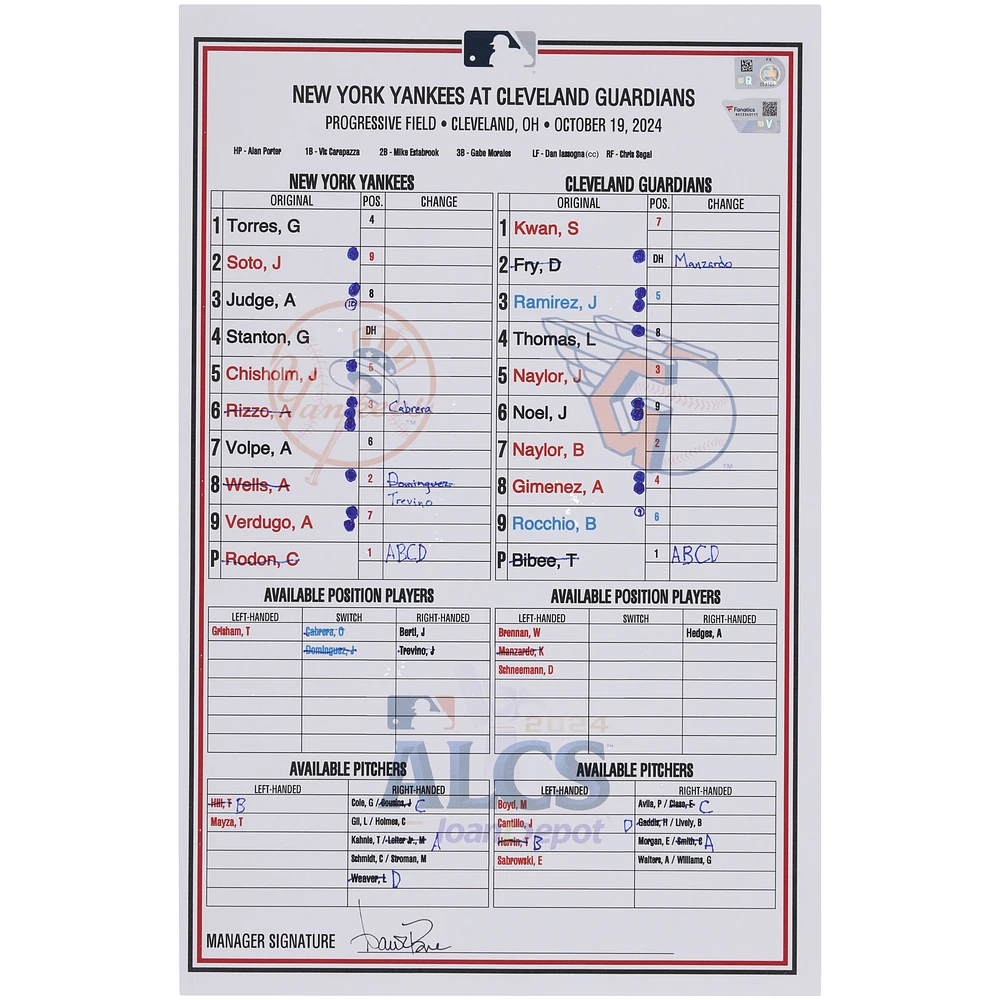 New York Yankees Game-Used ALCS Lineup Card vs. Cleveland Guardians on October 19, 2024