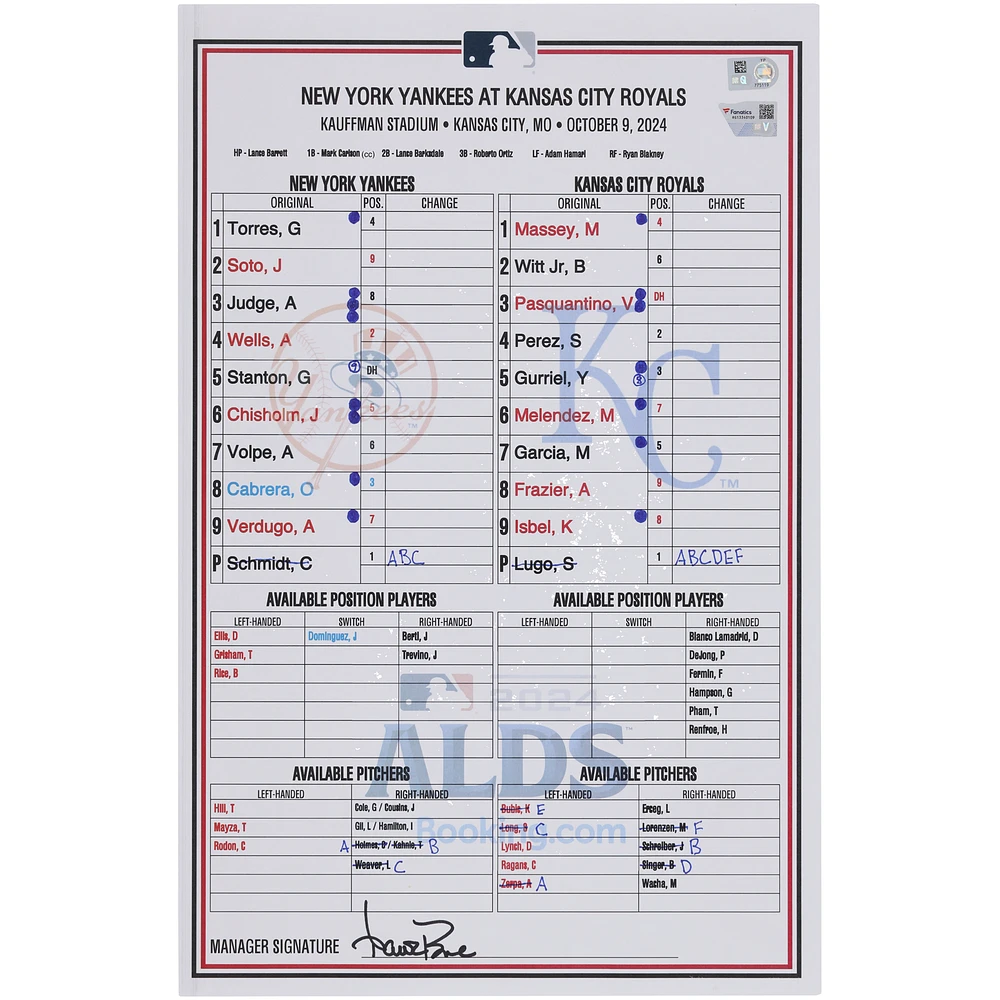 New York Yankees Game-Used ALDS Lineup Card vs. Kansas City Royals on October 9, 2024