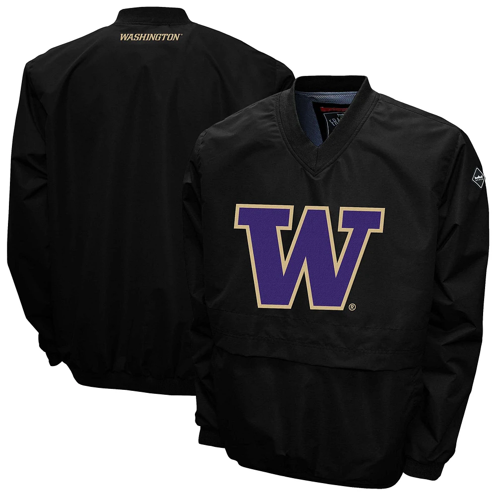 Men's Franchise Club Black Washington Huskies Big Logo Windshell V-Neck Pullover Jacket