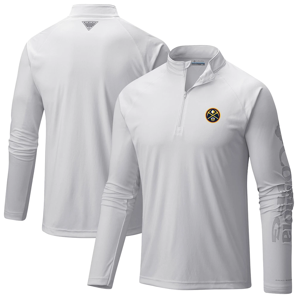 Men's Columbia White Denver Nuggets Terminal Tackle Raglan Omni-Shade Quarter-Zip Jacket