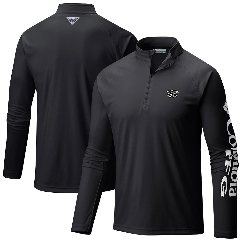 Men's Columbia Black Brooklyn Nets Terminal Tackle Raglan Omni-Shade Quarter-Zip Jacket