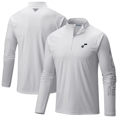 Men's Columbia White Utah Jazz PFG Terminal Tackle Quarter-Zip Top