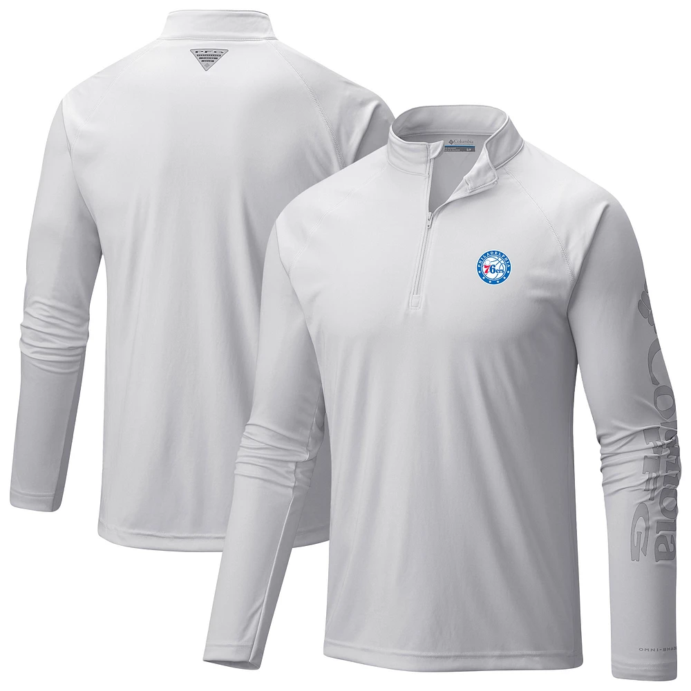 Men's Columbia White Philadelphia 76ers PFG Terminal Tackle Quarter-Zip Top
