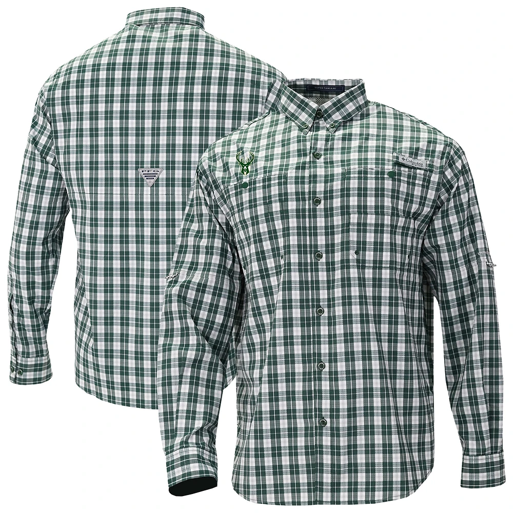 Men's Columbia Green Milwaukee Bucks Super Tamiami Omni-Shade Long Sleeve Button-Down Shirt