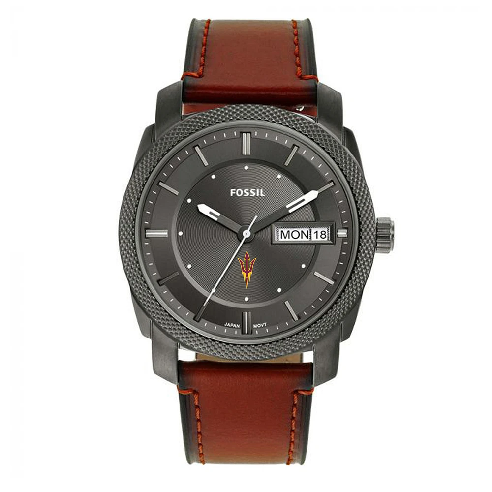 Men's Fossil Arizona State Sun Devils Machine Three-Hand Date Brown Leather Watch