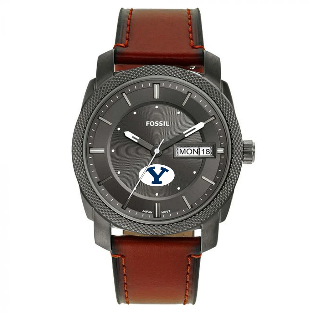 Men's Fossil BYU Cougars Machine Three-Hand Date Brown Leather Watch