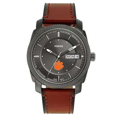 Men's Fossil Clemson Tigers Machine Three-Hand Date Brown Leather Watch