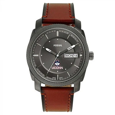 Men's Fossil UConn Huskies Machine Three-Hand Date Brown Leather Watch