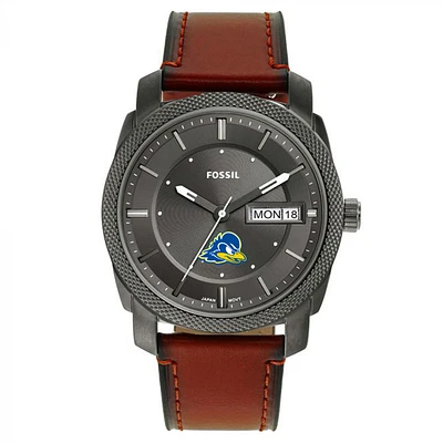 Men's Fossil Delaware Fightin' Blue Hens Machine Three-Hand Date Brown Leather Watch
