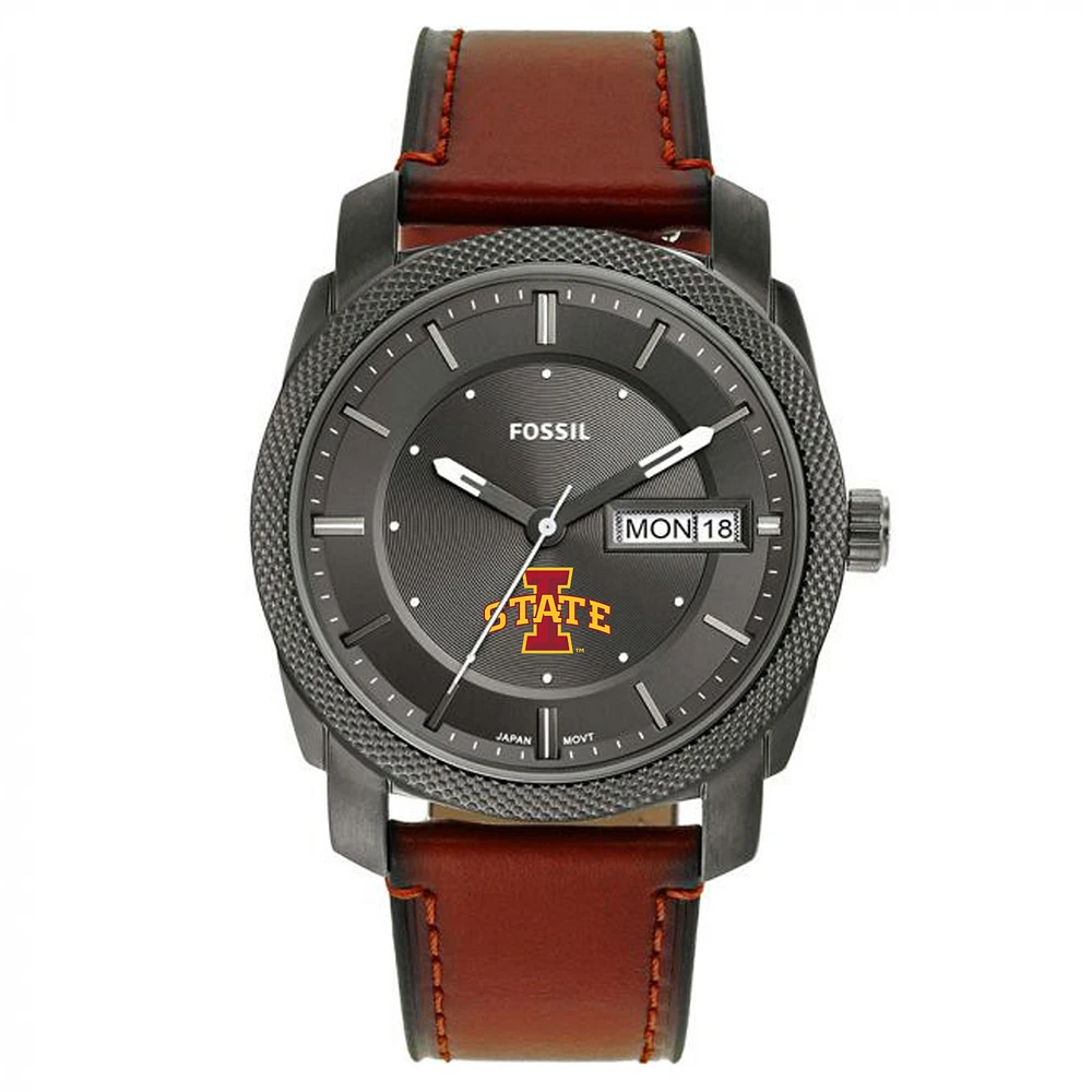 Men's Fossil Iowa State Cyclones Machine Three-Hand Date Brown Leather Watch