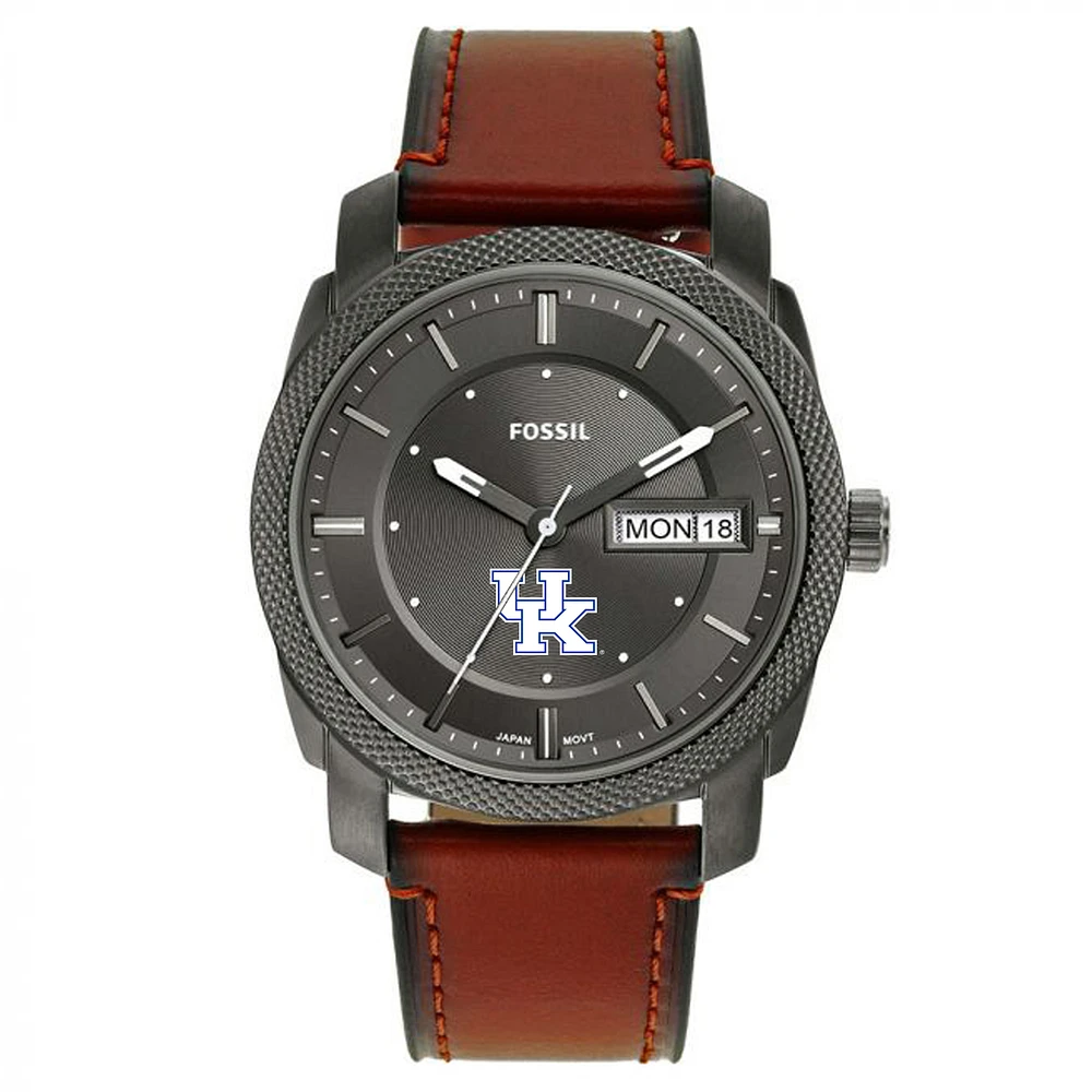 Men's Fossil Kentucky Wildcats Machine Three-Hand Date Brown Leather Watch