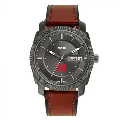 Men's Fossil Miami University RedHawks Machine Three-Hand Date Brown Leather Watch