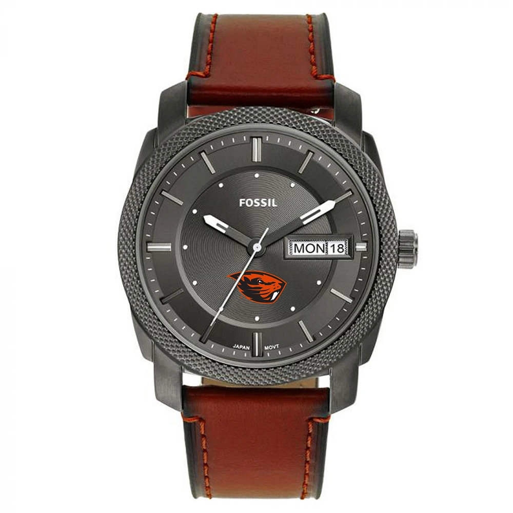 Men's Fossil Oregon State Beavers Machine Three-Hand Date Brown Leather Watch