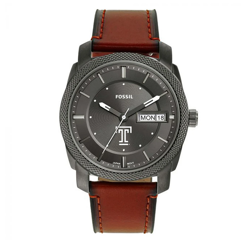 Men's Fossil Temple Owls Machine Three-Hand Date Brown Leather Watch