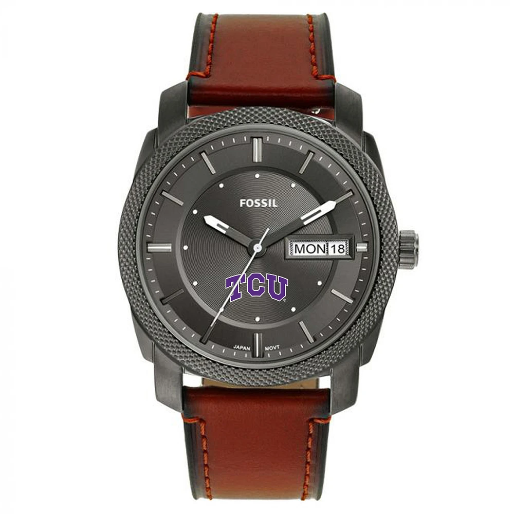 Men's Fossil TCU Horned Frogs Machine Three-Hand Date Brown Leather Watch