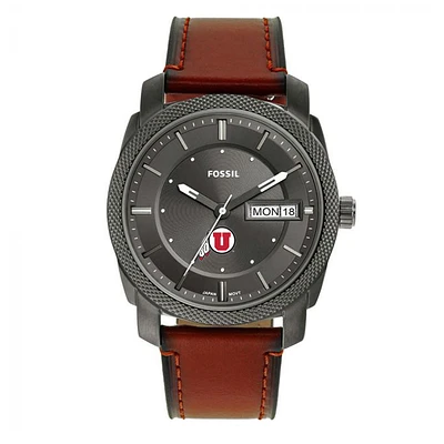 Men's Fossil Utah Utes Machine Three-Hand Date Brown Leather Watch