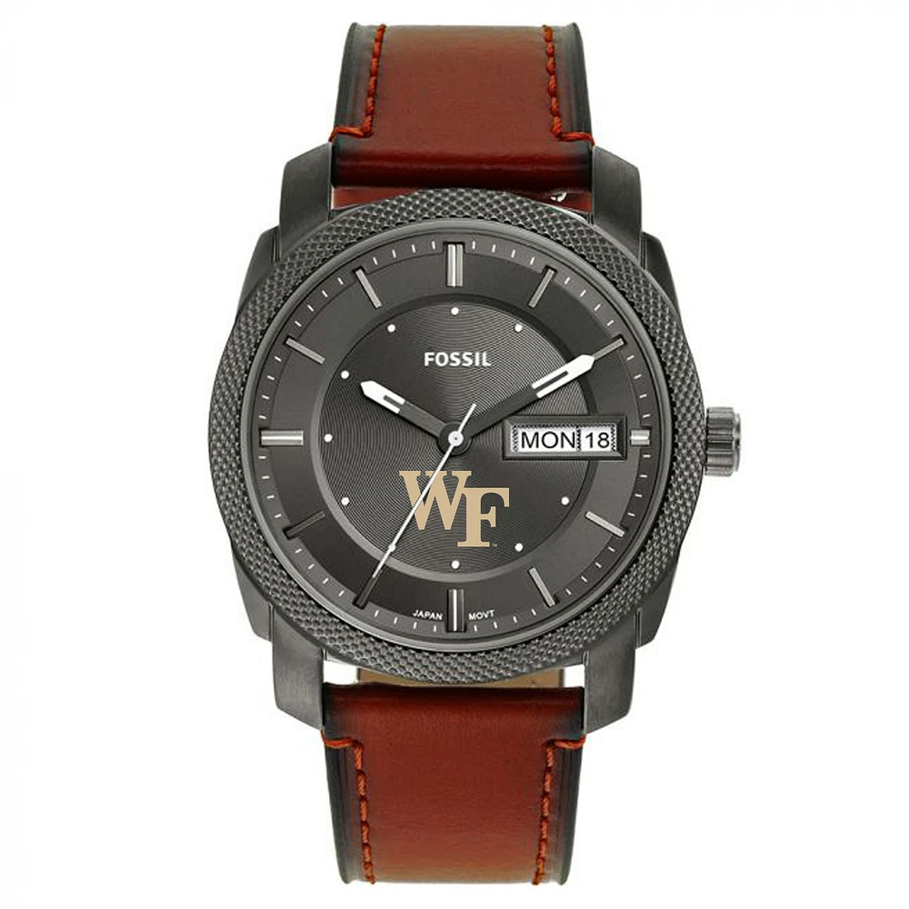 Men's Fossil Wake Forest Demon Deacons Machine Three-Hand Date Brown Leather Watch