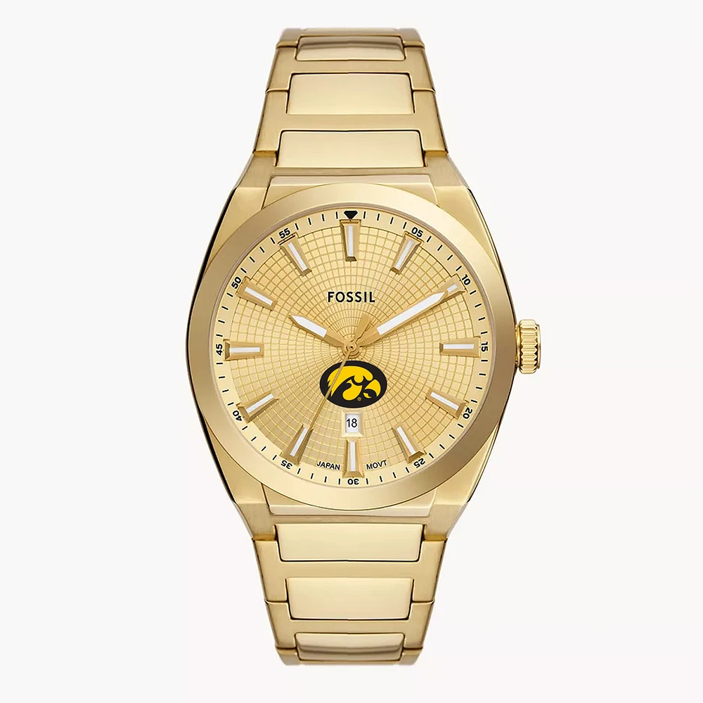 Men's Fossil Gold Iowa Hawkeyes Everett Three-Hand Date Stainless Steel Watch