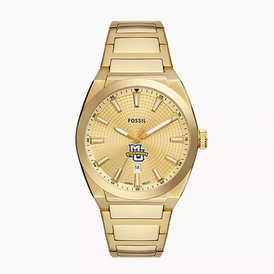 Men's Fossil Gold Marquette Golden Eagles Everett Three-Hand Date Stainless Steel Watch