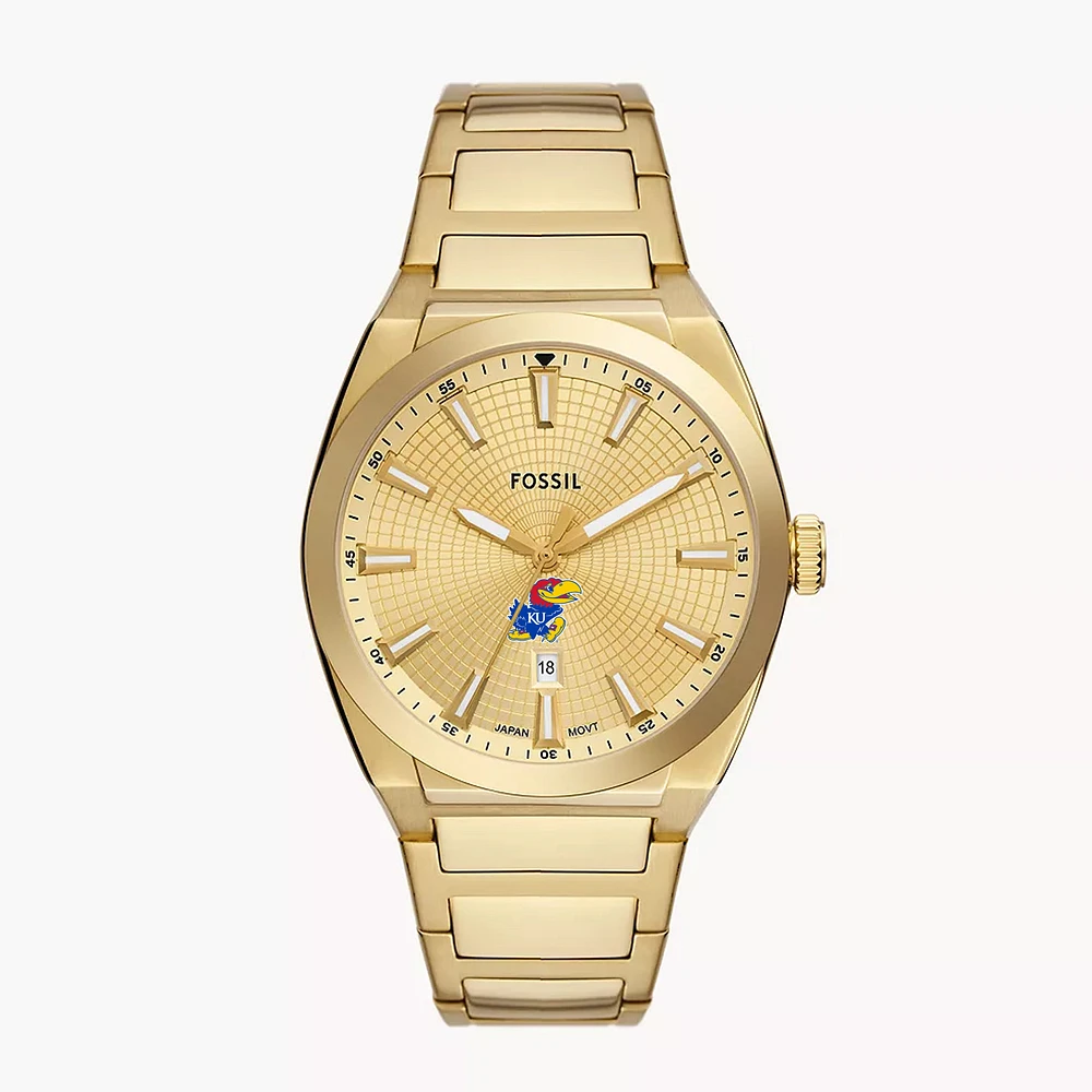 Men's Fossil Gold Kansas Jayhawks Everett Three-Hand Date Stainless Steel Watch