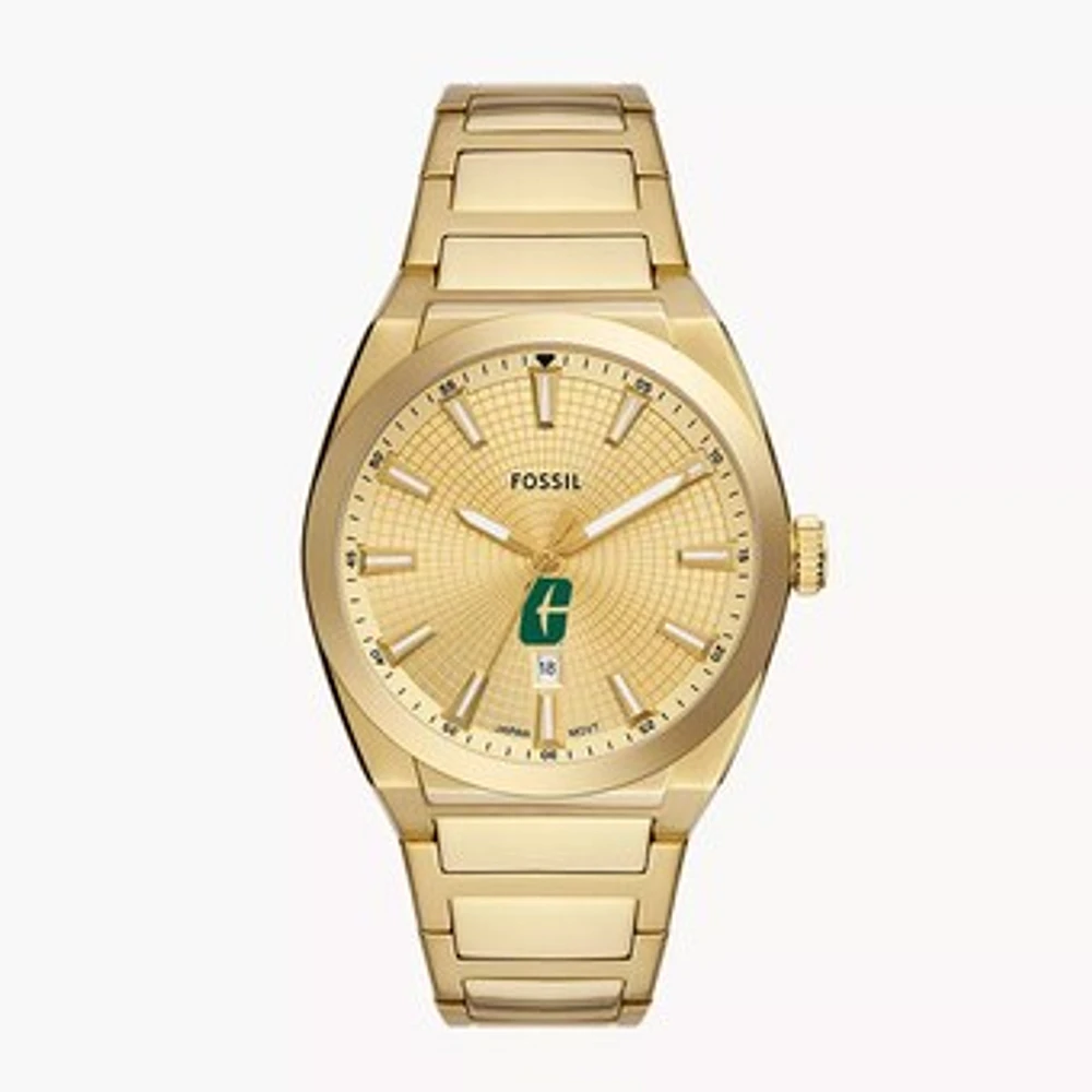 Men's Fossil Gold Charlotte 49ers Everett Three-Hand Date Stainless Steel Watch