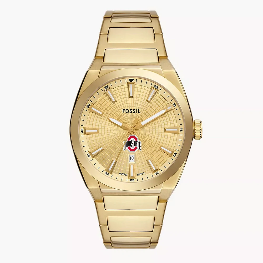 Men's Fossil Gold Ohio State Buckeyes Everett Three-Hand Date Stainless Steel Watch