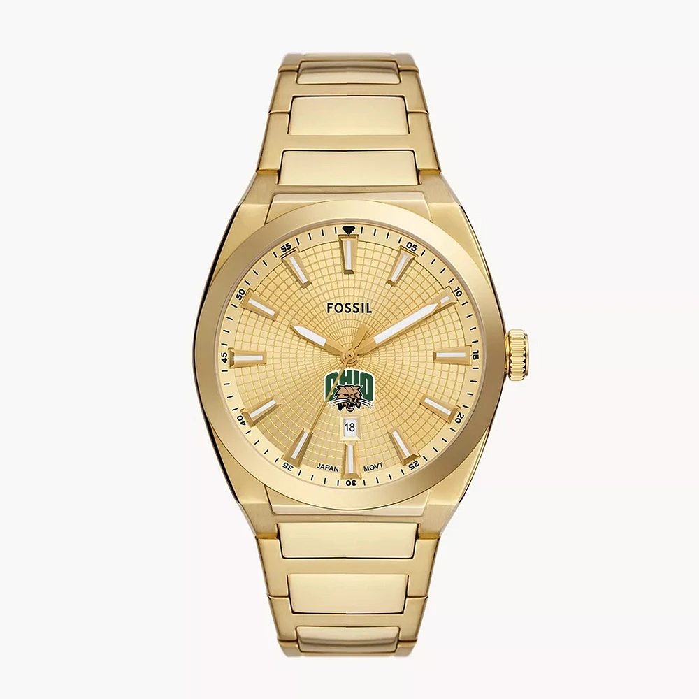 Men's Fossil Gold Ohio Bobcats Everett Three-Hand Date Stainless Steel Watch