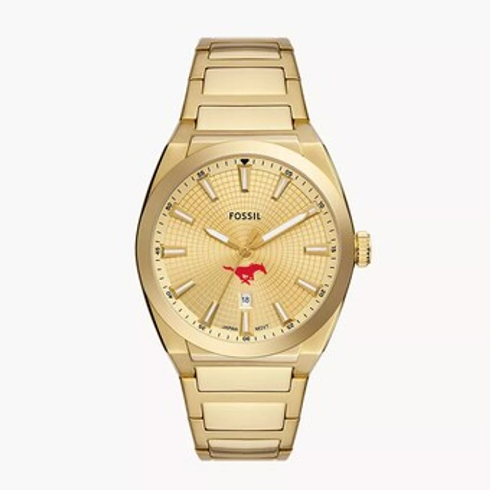 Men's Fossil Gold SMU Mustangs Everett Three-Hand Date Stainless Steel Watch