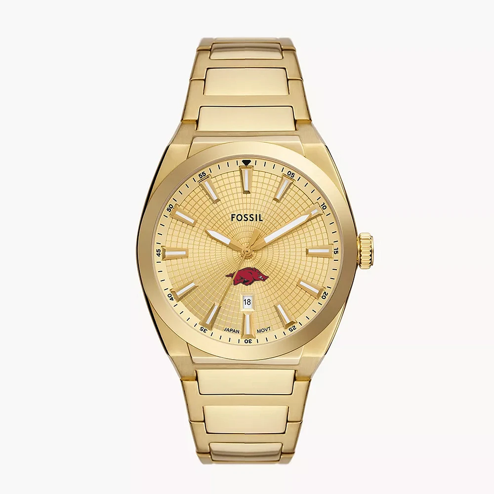 Men's Fossil Gold Arkansas Razorbacks Everett Three-Hand Date Stainless Steel Watch