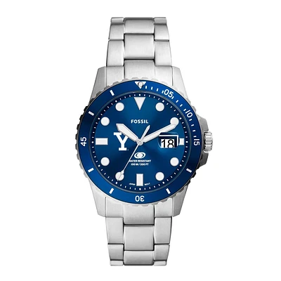 Men's Fossil  Silver Yale Bulldogs Dive Three-Hand Date Stainless Steel Watch
