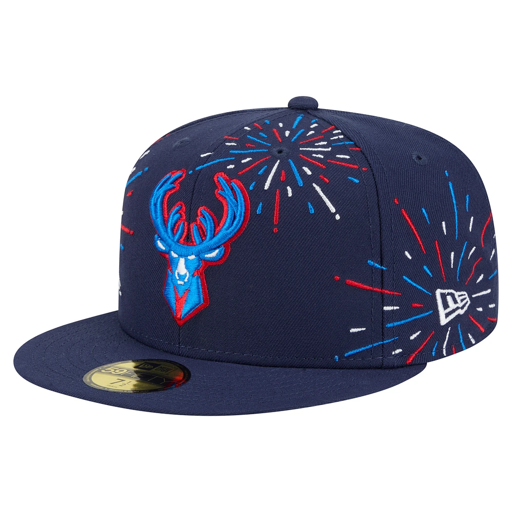 Men's New Era Navy Milwaukee Bucks Americana Fireworks 59FIFTY Fitted Hat