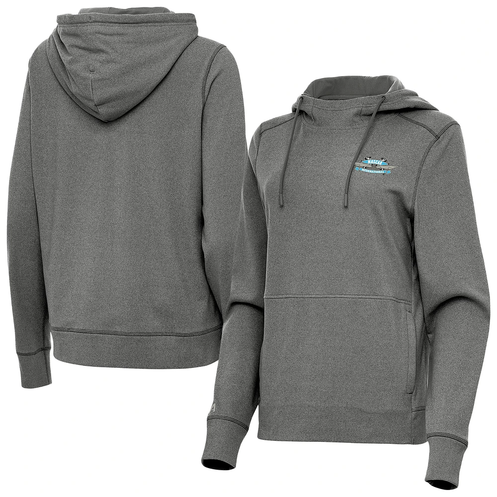 Women's Antigua Heather Black NASCAR - Logo Justice Pullover Hoodie