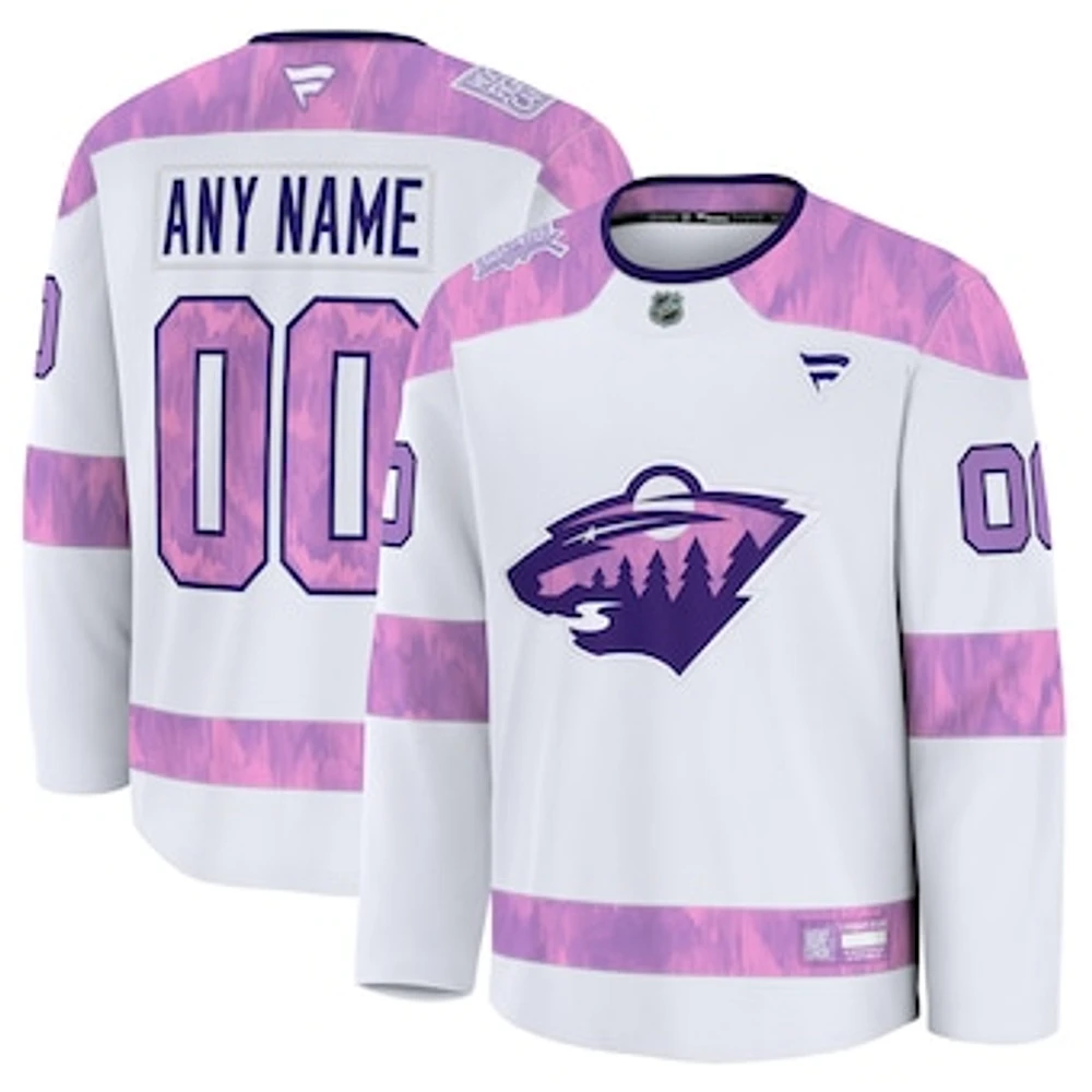 Men's Fanatics White Minnesota Wild 2024 Hockey Fights Cancer Custom Practice Jersey