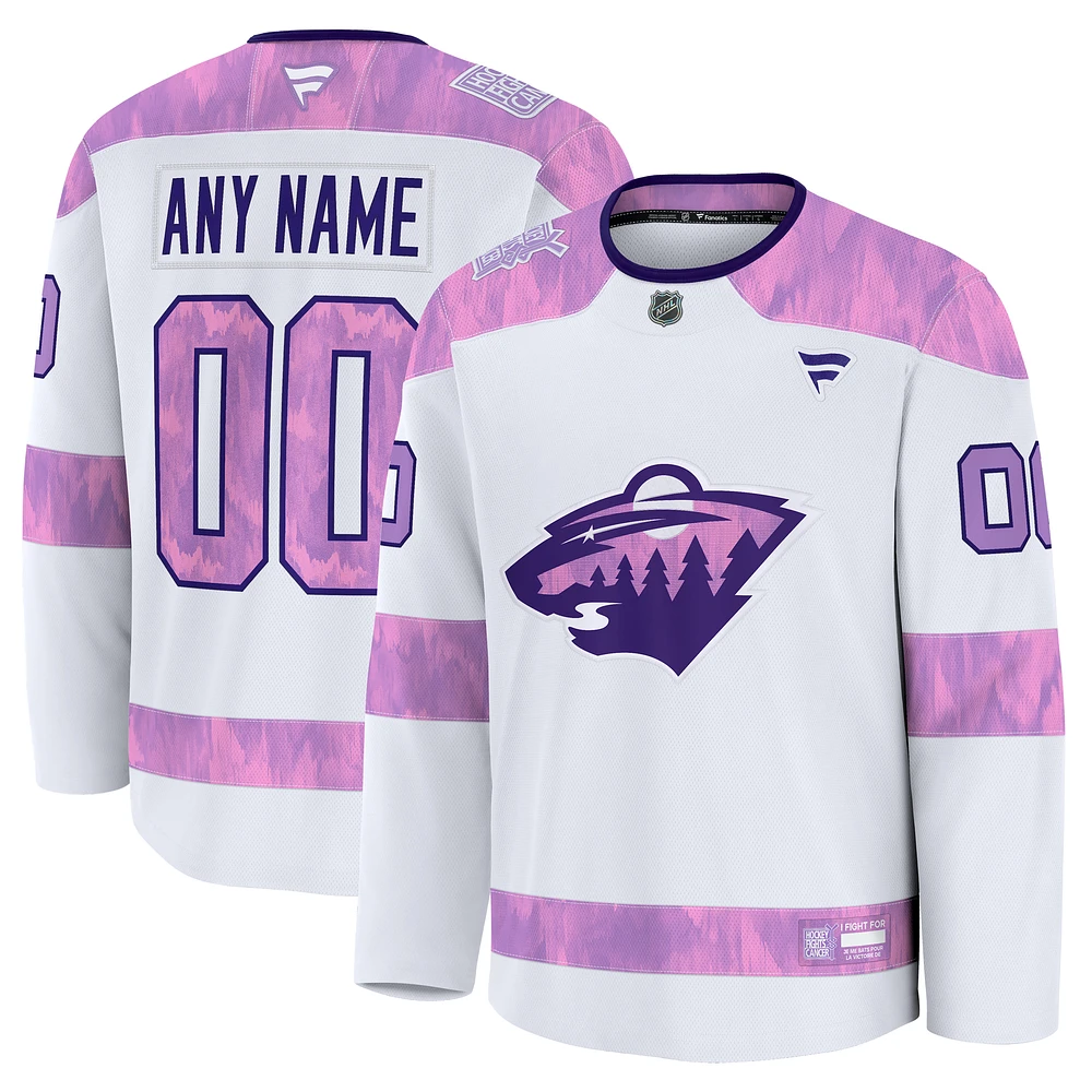 Men's Fanatics White Minnesota Wild 2024 Hockey Fights Cancer Custom Practice Jersey