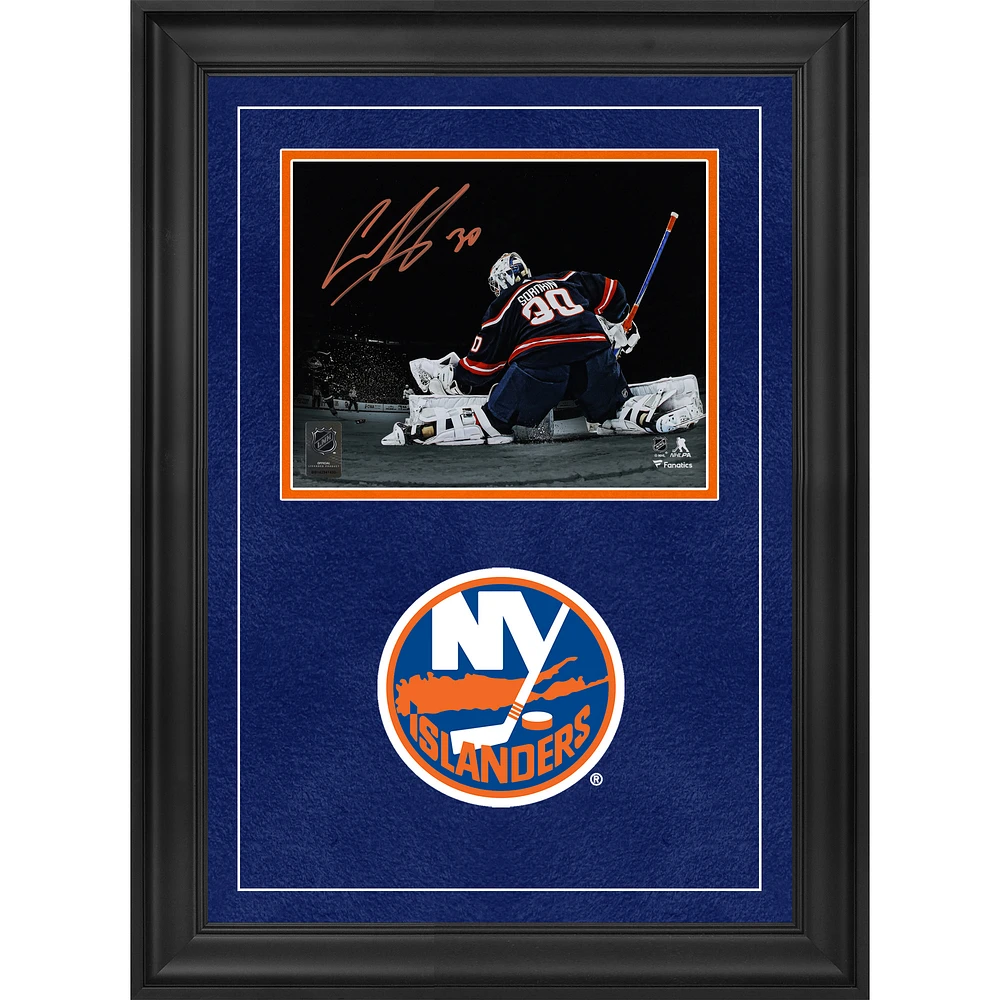 Ilya Sorokin New York Islanders Autographed Deluxe Framed 8" x 10" Reverse Retro Jersey Making Save Spotlight Photograph