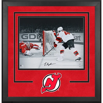 Luke Hughes New Jersey Devils Autographed Deluxe Framed 16" x 20" First NHL Goal Spotlight Photograph