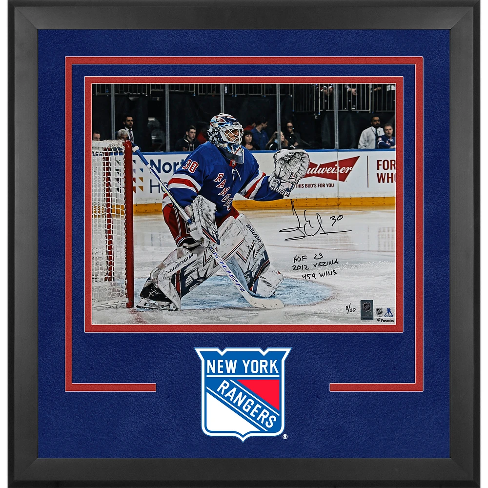 Henrik Lundqvist New York Rangers Autographed Deluxe Framed 16" x 20" Blue Jersey in Net Photograph with Multiple Inscriptions - Limited Edition of 30