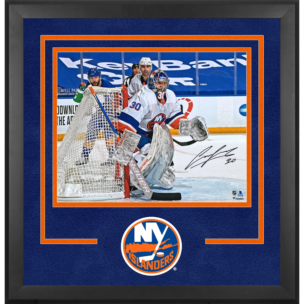Ilya Sorokin New York Islanders Autographed Deluxe Framed 16" x 20" White Jersey in Net Photograph