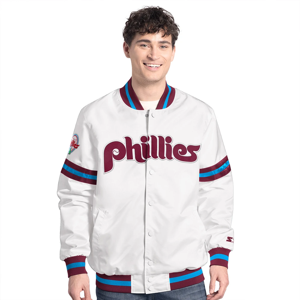 Men's Starter White Philadelphia Phillies Cooperstown Scout Full-Snap Varsity Jacket